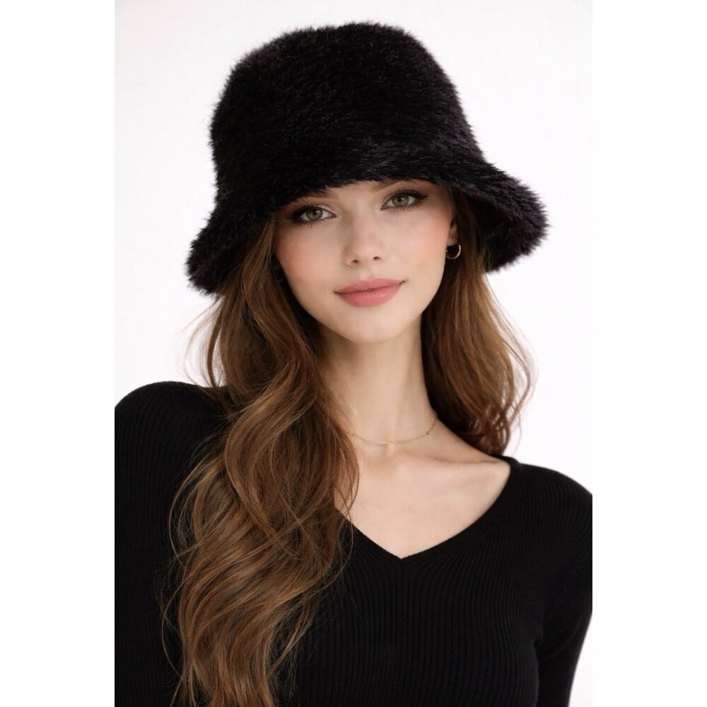 NORDSTROM Women’s Black Faux Fur Bucket Style Hat #N0462080NS NWT